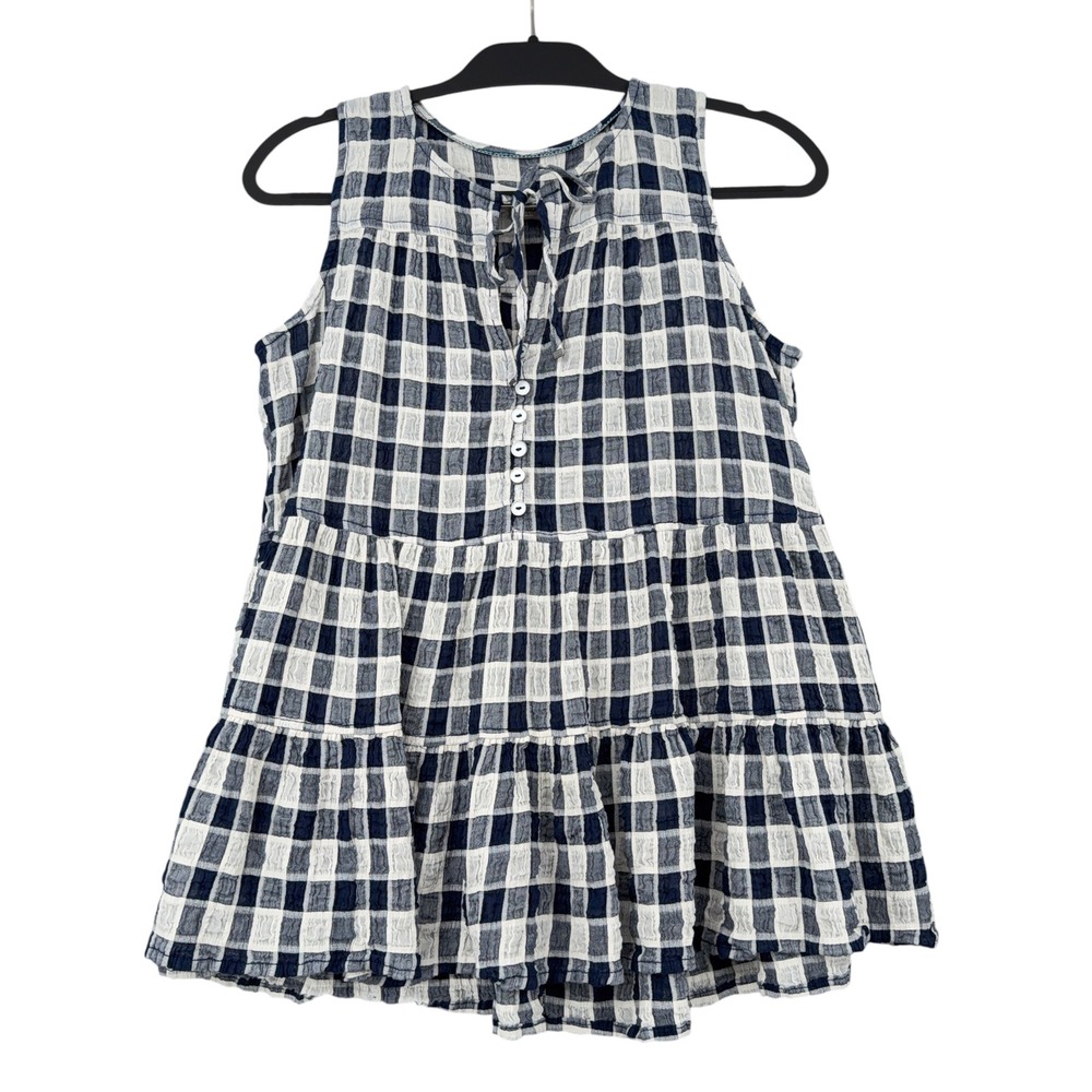 Pilcro‎ Anthropologie Gingham Tiered Babydoll Top Navy Blue White XS Sleeveless